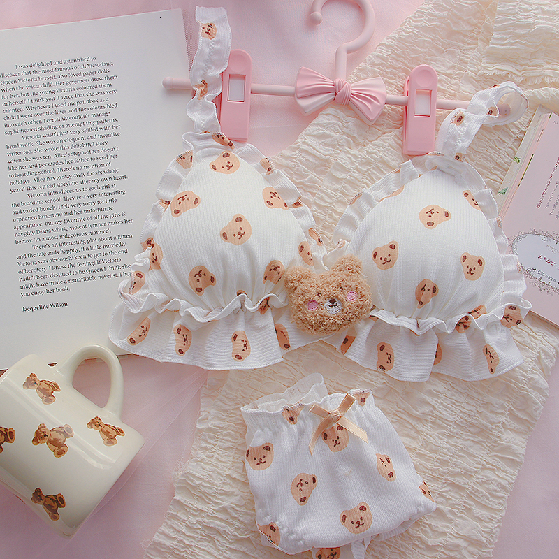 Bras Sets Little Bear Bra and Panty Set Kawaii Lolita Push Up Bra Padded Cartoon Japanese Girl Soft Cute Underwear Thin Bras Bralette Set 230427