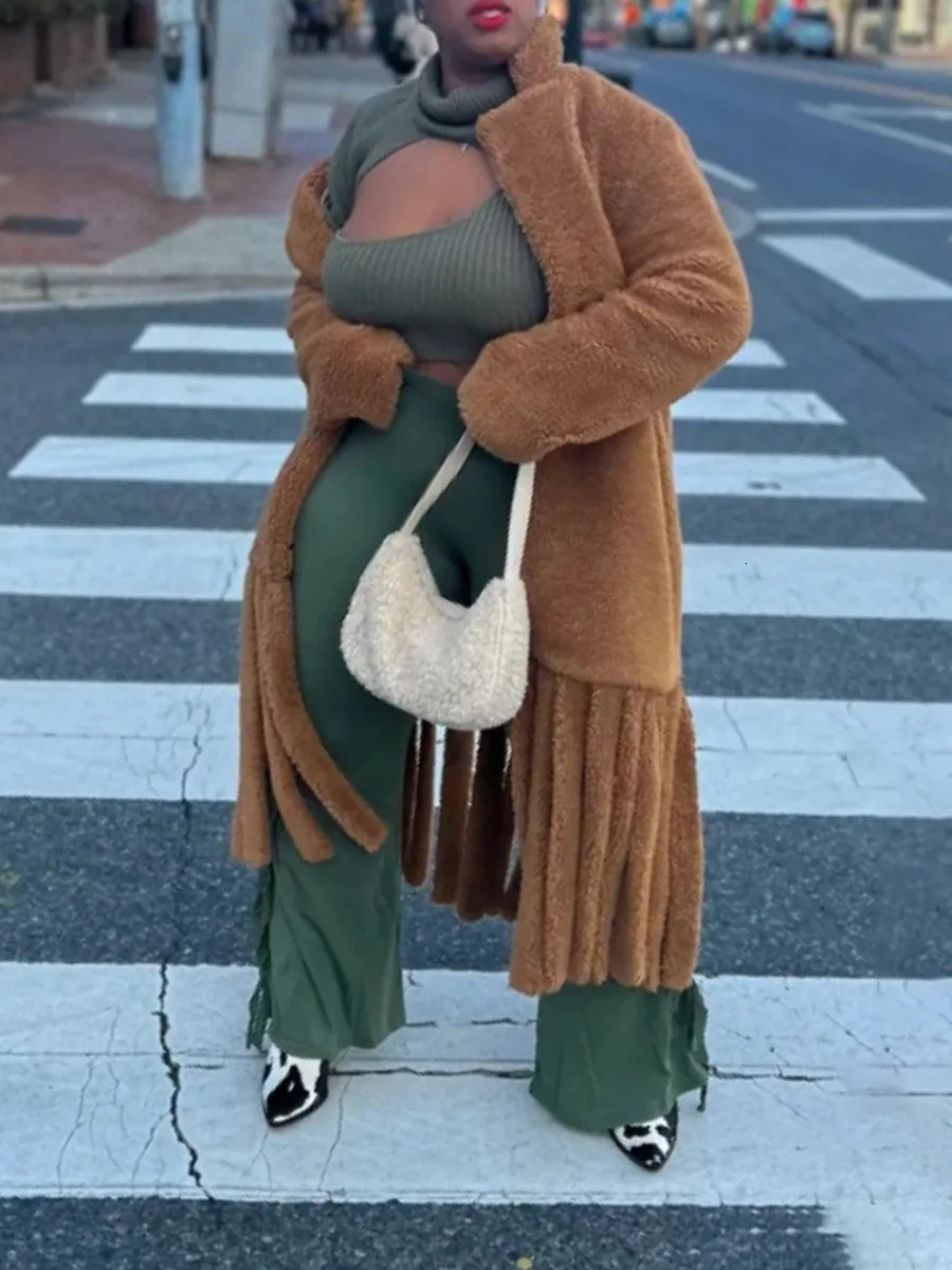 Women's Wool Blends Fashion Faux Fur Warm Coat Lapel Casual Loose Long Sleeve Hem Tassel Plush Overcoat 2023 Winter 231124