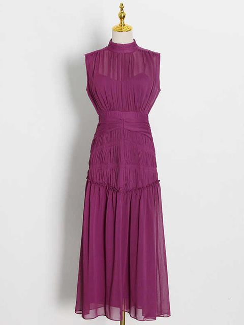 Casual Dresses TWOTWINSTYLE Vintage Ruched Dress For Women Stand Collar Sleeveless High Waist Chiffon Midi Female Fashion 230427