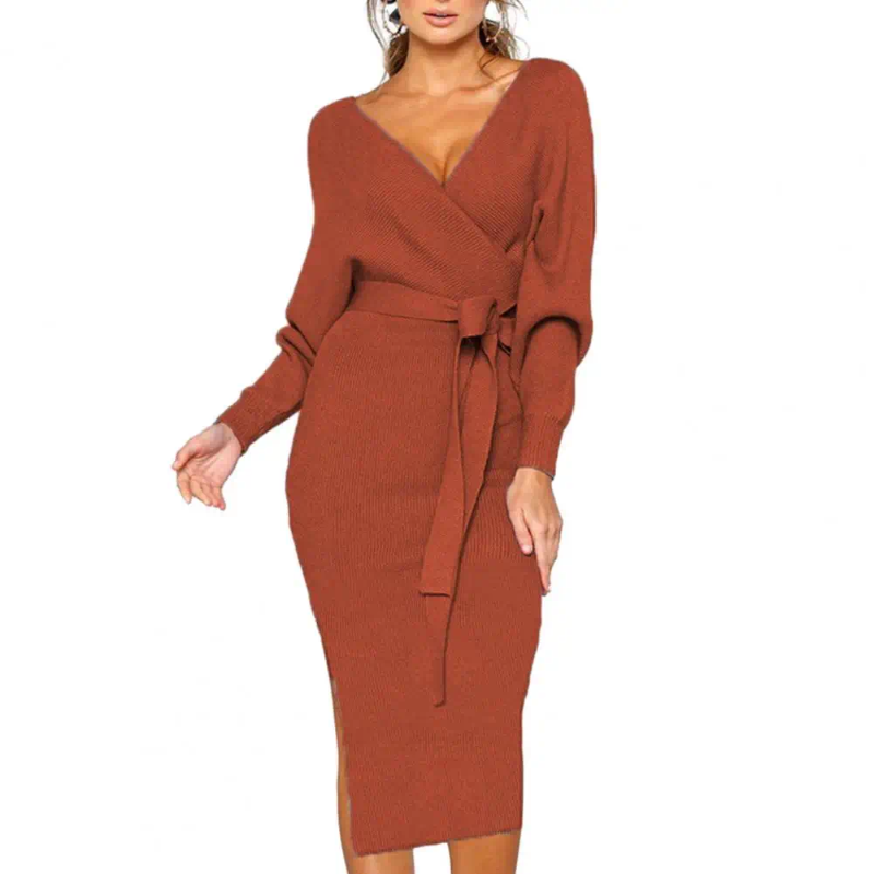 Casual Dresses Women Dress V-neck Chic Lace-up Belted Knitted Slim Fit Mid-calf Length Womens Fall/winter Fashion