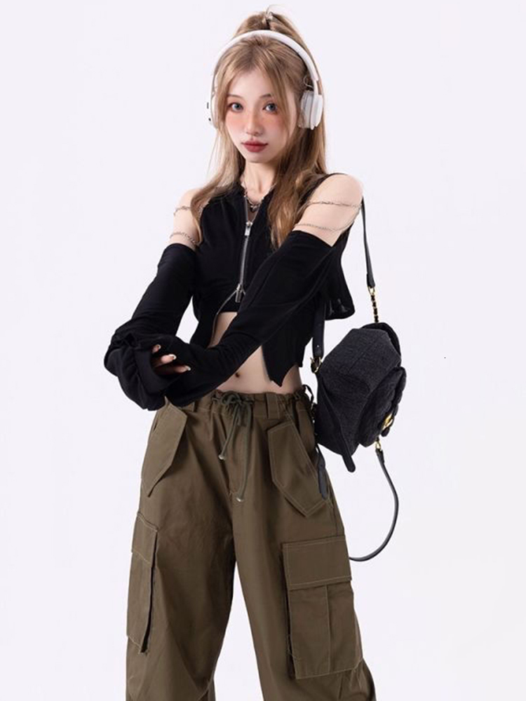 Women's T Shirt Kaus Lengan Panjang Ritsleting Wanita sweet Ins Chic Y2k Atasan Crop Mode Baru Korea Pakaian Off Shoulder Gadis Muda Bergaya 2304