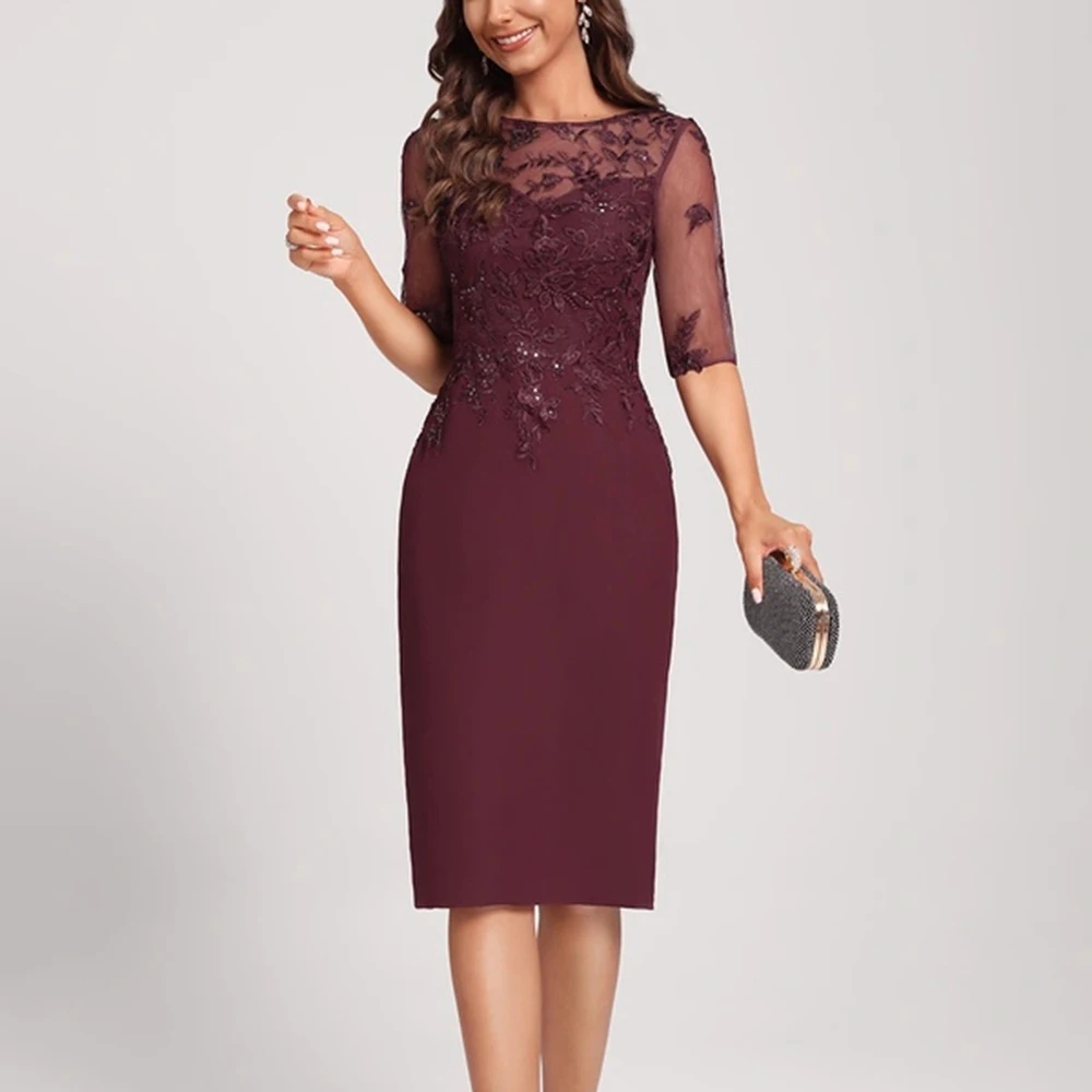 2024 New Scoop Neck Mother of the Bride Dresses Sheath Half Sleeve Lace Appliques Knee-Length Wedding Guest Party Gowns Modern