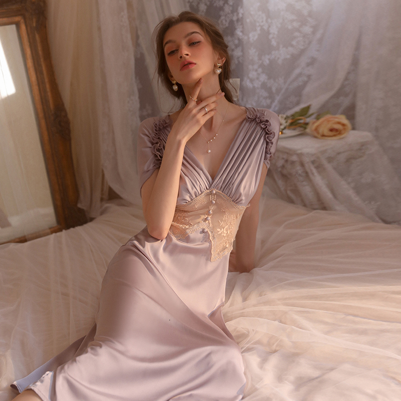 Sexy Pyjamas MECHCITIZ Sexy Women's Sleepwear Lace Long Nightdress Homewear Pajamas Satin Nightwear Dress Silk Short Sleeve Nightgowns 230427