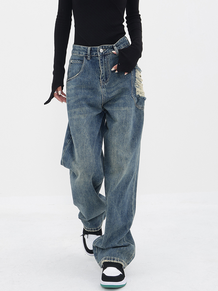 Women's Jeans Ripped Jeans for Women High Waisted Wide Leg Denim Pants Irregular High Street Full Length Blue Trousers Chic Y2k Jeans Spring 2304