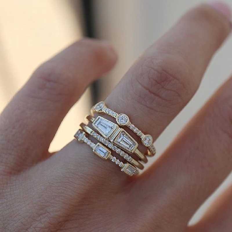 Band 4 pcsset Geometric Gold Color Combination Round Zircon Crystal Set for Women Engagement Party Wedding Rings Hand Jewelry z250318