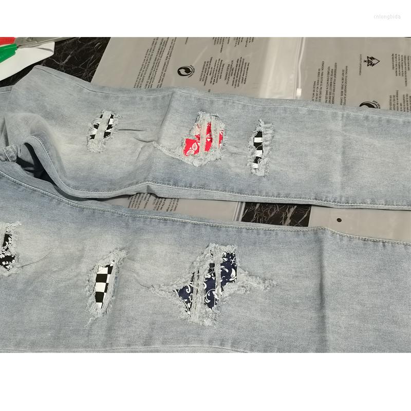 Men's Jeans Fashion Casual Men's Street Hip Hop Travel Sports Plaid Denim Ripped Patch Pencil Pants Slim Stretch Belt Trousers