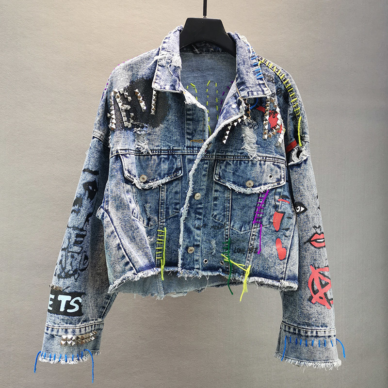 Women's Jackets Manual Rivet Beaded Line Tassel Letter Graffiti Print Women Denim Jacket Spring Autumn Casual Hole Denim Jacket Veste Femme 23042