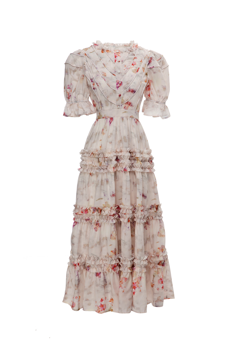 Women's Runway Dresses O Neck Short Sleeves Printed Floral Tiered Ruffles High Street Casual Vestidos