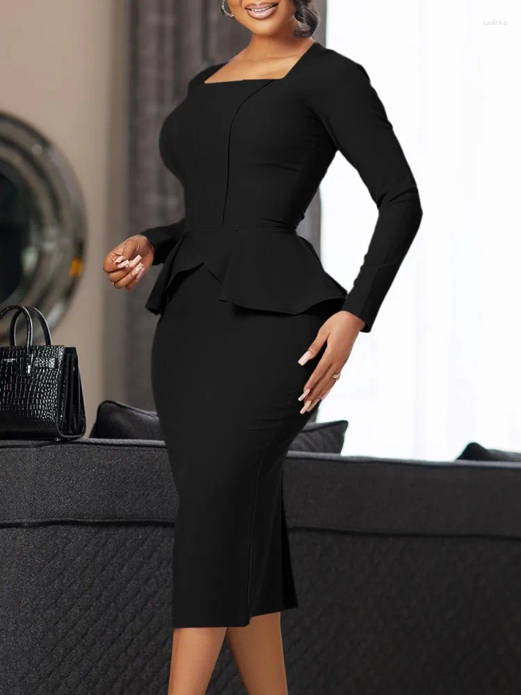 Casual Dresses 2024 Spring Autumn Women Slim Office Ladies Dress Retro Elegant Square Collar High Waist Long Sleeve Party Pencil