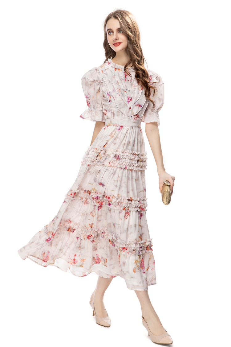 Women's Runway Dresses O Neck Short Sleeves Printed Floral Tiered Ruffles High Street Casual Vestidos