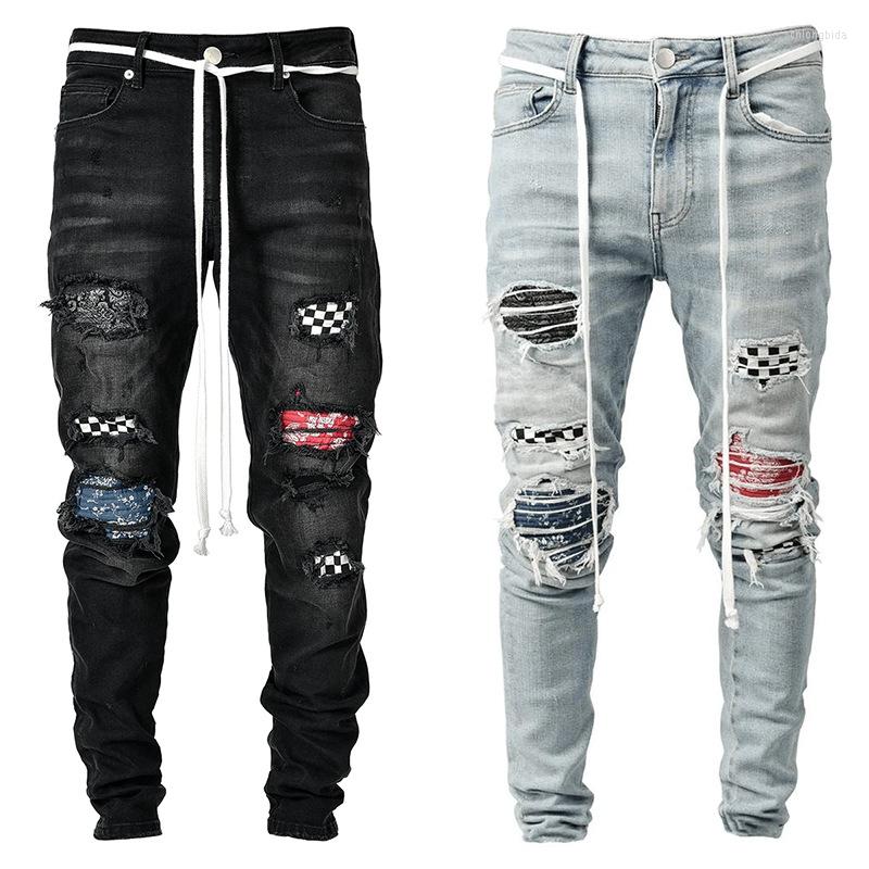 Men's Jeans Fashion Casual Men's Street Hip Hop Travel Sports Plaid Denim Ripped Patch Pencil Pants Slim Stretch Belt Trousers