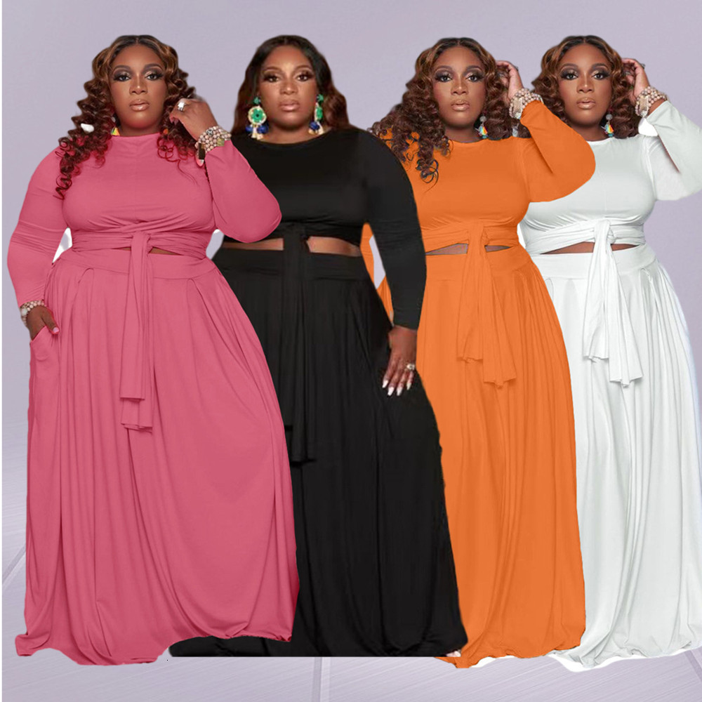 Women's Plus Size Tracksuits Womens Clothing Sexy Skirt Two Pieces Sets Long Sleeves Floor Length Solid Fashion Casual Wholesale Drop 230426
