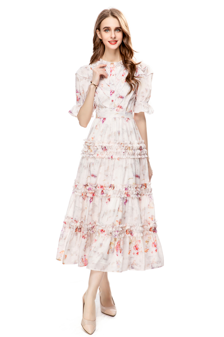 Women's Runway Dresses O Neck Short Sleeves Printed Floral Tiered Ruffles High Street Casual Vestidos