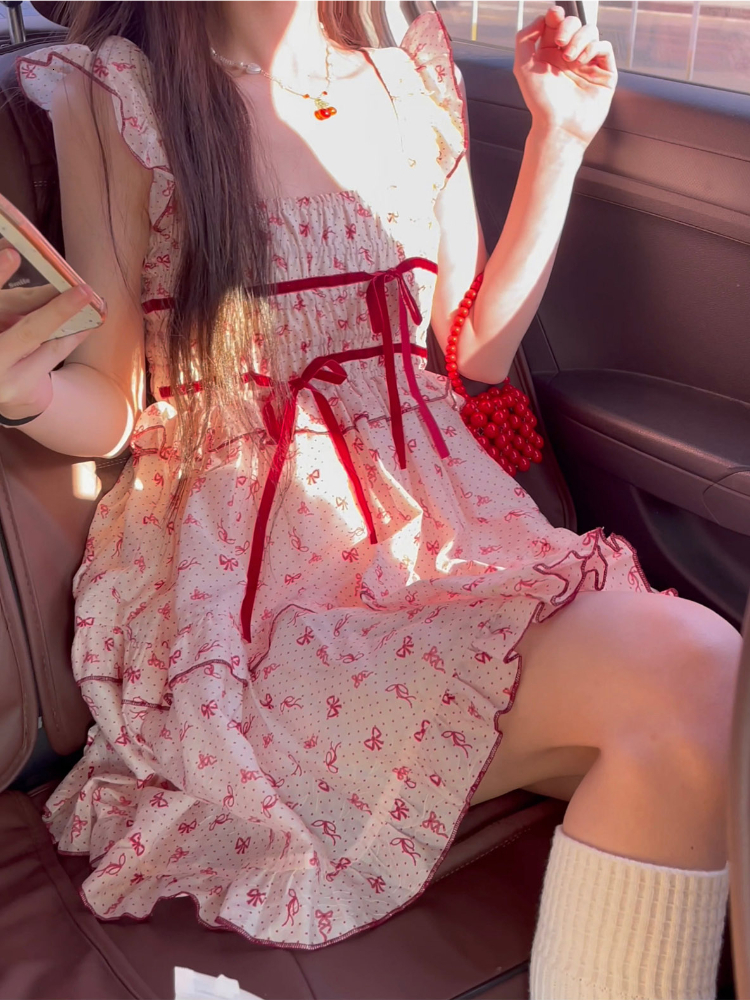 Casual Dresses Summer Floral Korea Kawaii Women France Vintage Elegant Party Mini Lace Print Sweet Cute Fairy 230426