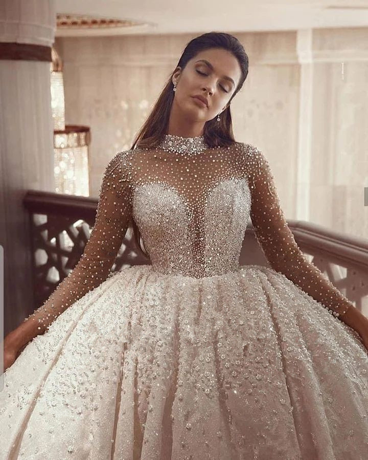 Sparkle Beading Crystals Bridal Gowns Long Sleeves Glitter Wedding Dresses Tulle Illusion Back Elegant A Line Vestidos De Novia 2024