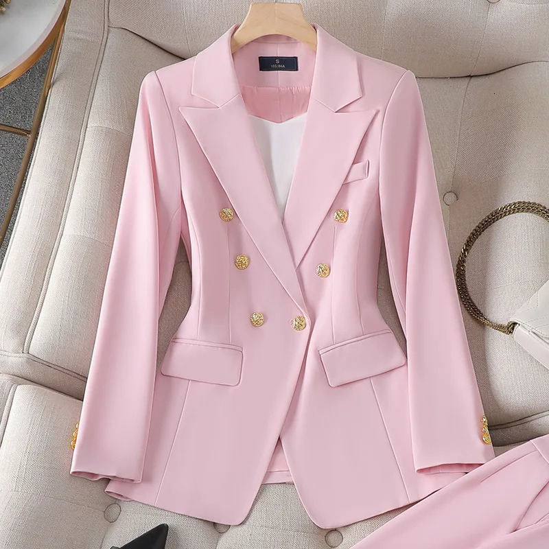 Womens Two Piece Pants Female Uniform Business Suits With Straight Trouser Elegant Office Blazer Set For Women Work Wear Suite Black White Red