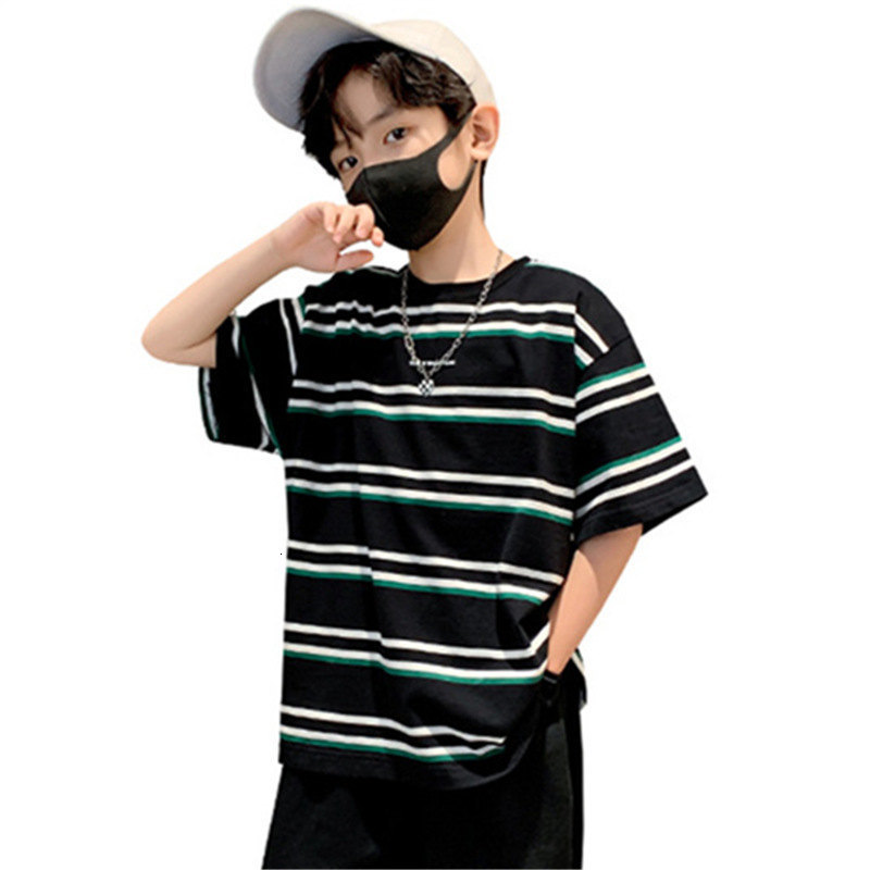 T-shirts Summer 5-14 Years Age Boy's Tshirt Fashion Casual Cotton Striped Print Short Sleeve O-Neck Kids T-Shirt Sport Tees Clothes 230427