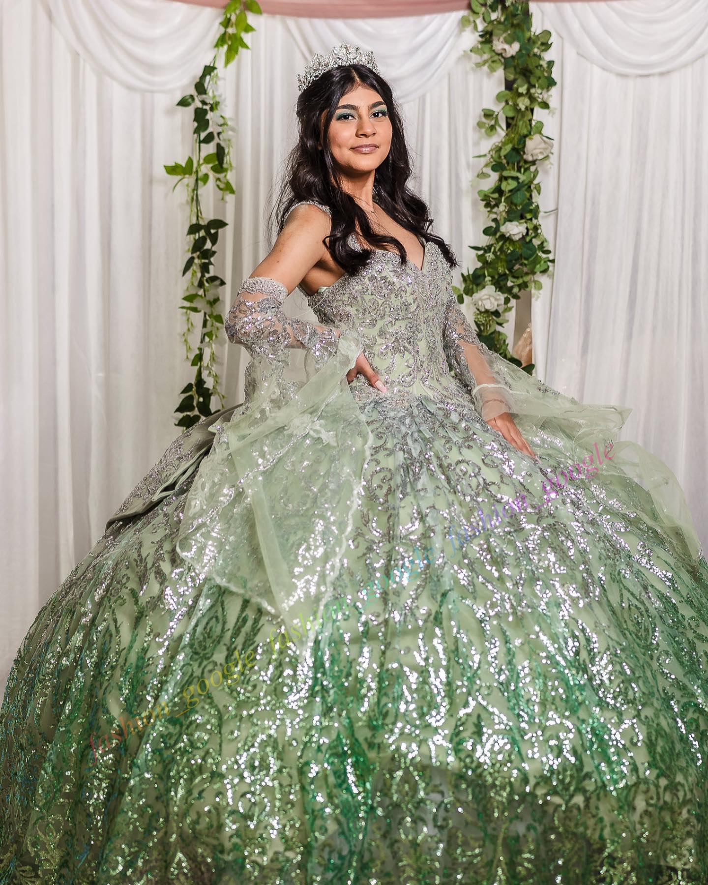 Ombre Sequin Quinceanera Dress Bell Sleeves Debutante Ball Mexican Glitter Quince Sweet 15/16 Birthday Party Gown for 15th Girl Drama Winter Formal Pr