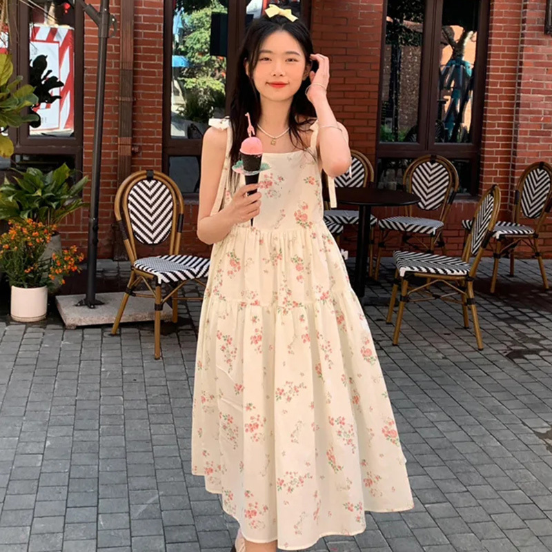 Casual Dresses Rimocy Summer Sweet Floral Midi Women Lace Up Loose Spaghetti Strap Woman Korean Female 230426