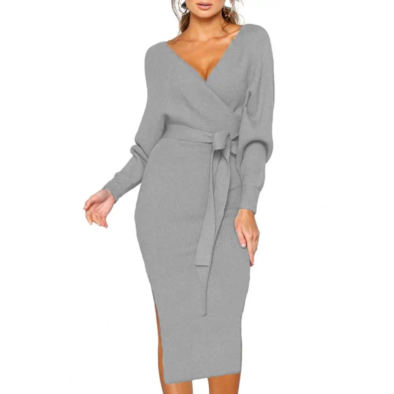 Casual Dresses Women Dress V-neck Chic Lace-up Belted Knitted Slim Fit Mid-calf Length Womens Fall/winter Fashion