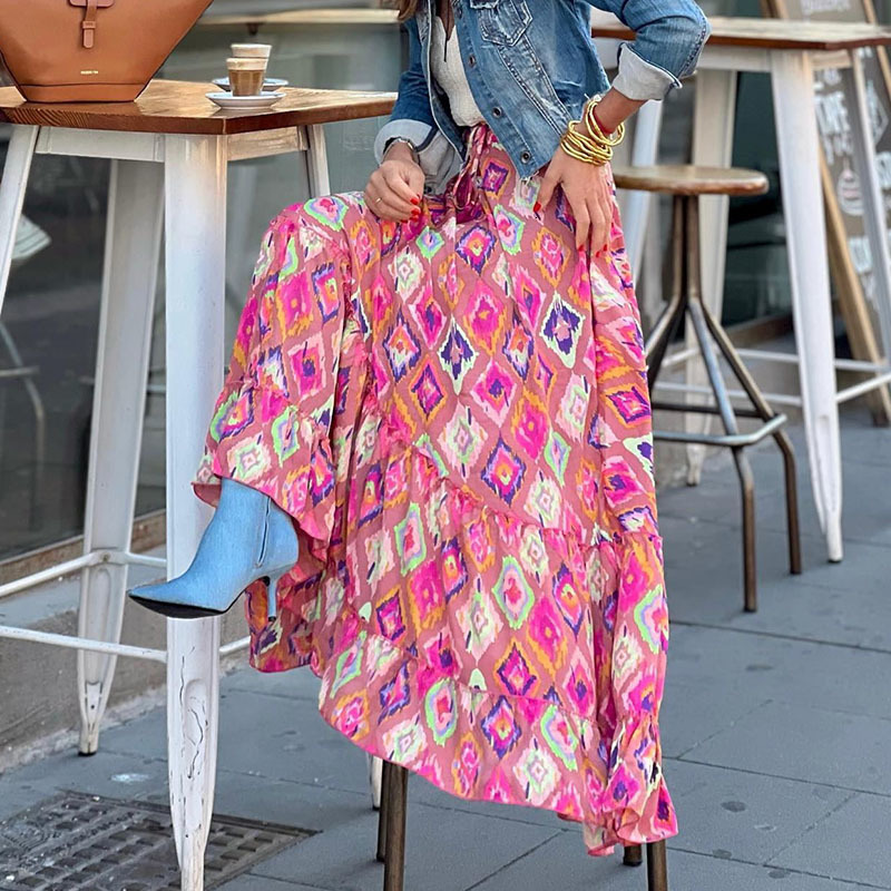 Skirts 2023 Boho Vintage Print Long Summer Casual Arts Style Loose Aline Elastic High Waist Holiday Beach Female XL 230426