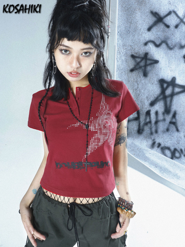 Women's T Shirt KOSAHIKI Vintage Y2k Kaus Crop Top Estetika Wanita Grunge Femme Cetak Bintang Punk Gothic Streetwear Grafis 230427