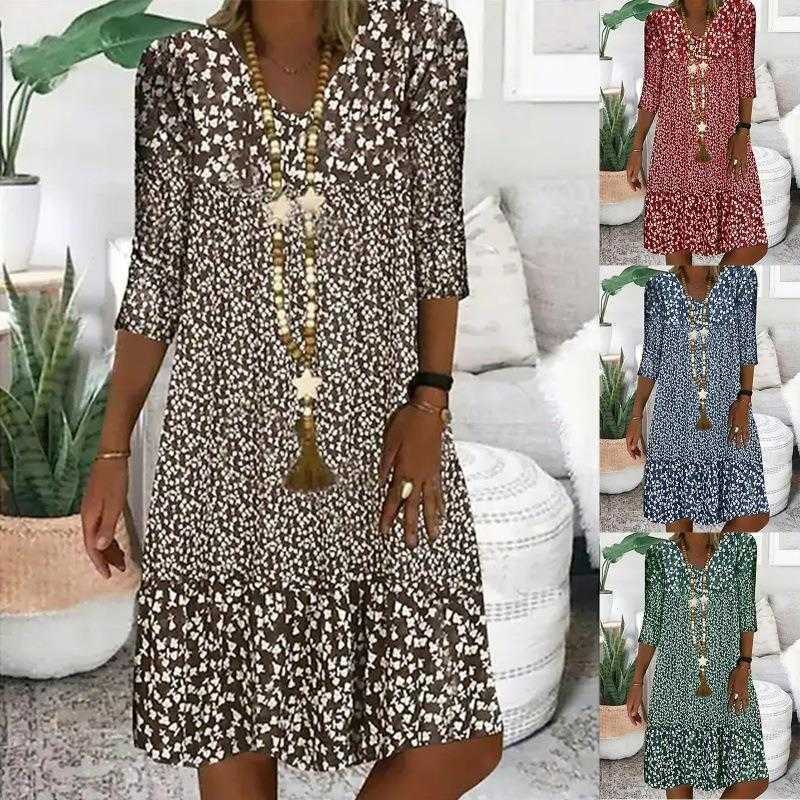 Summer Floral Print Mid Dresses Length Sleeves V Empire Neck Dress Women