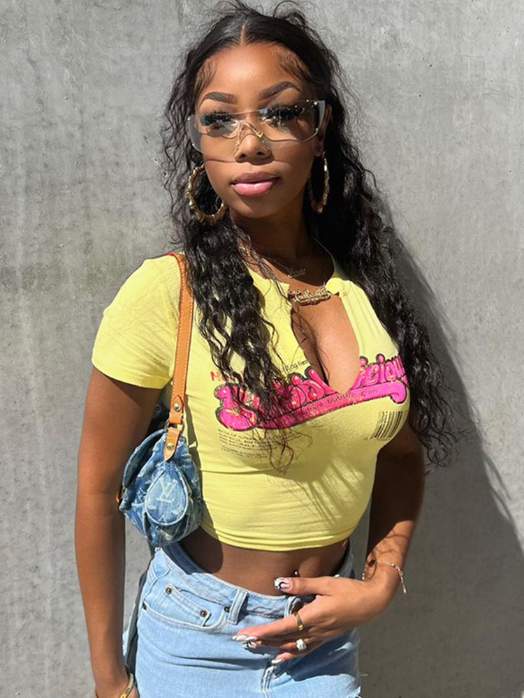 Women's T-Shirt Sifreyr Letter Print Sexy Baby Tees Women Summer Crops Tops V Neck Short Sleeve Fashion Streetwear Y2K Yellow Casual T-shirts 230