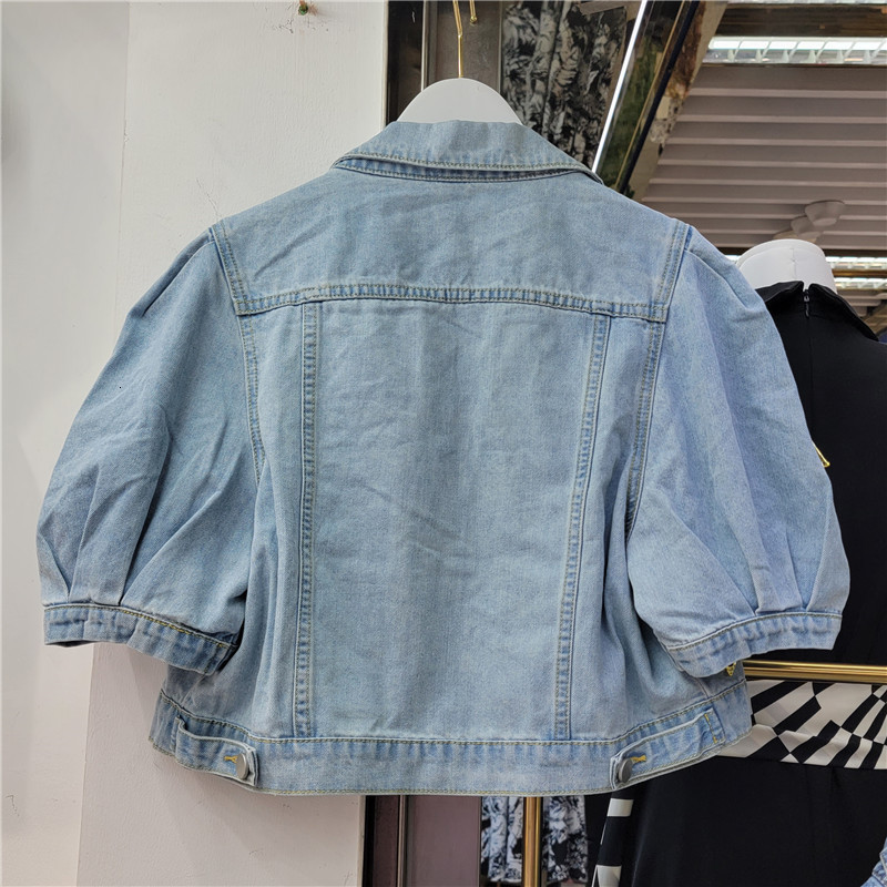 Women's Jackets Casual Puff Sleeve Rhinestones Short Denim Coats for Women Spring and Summer Loose Diamonds Crop Jean Jackets Female 230427