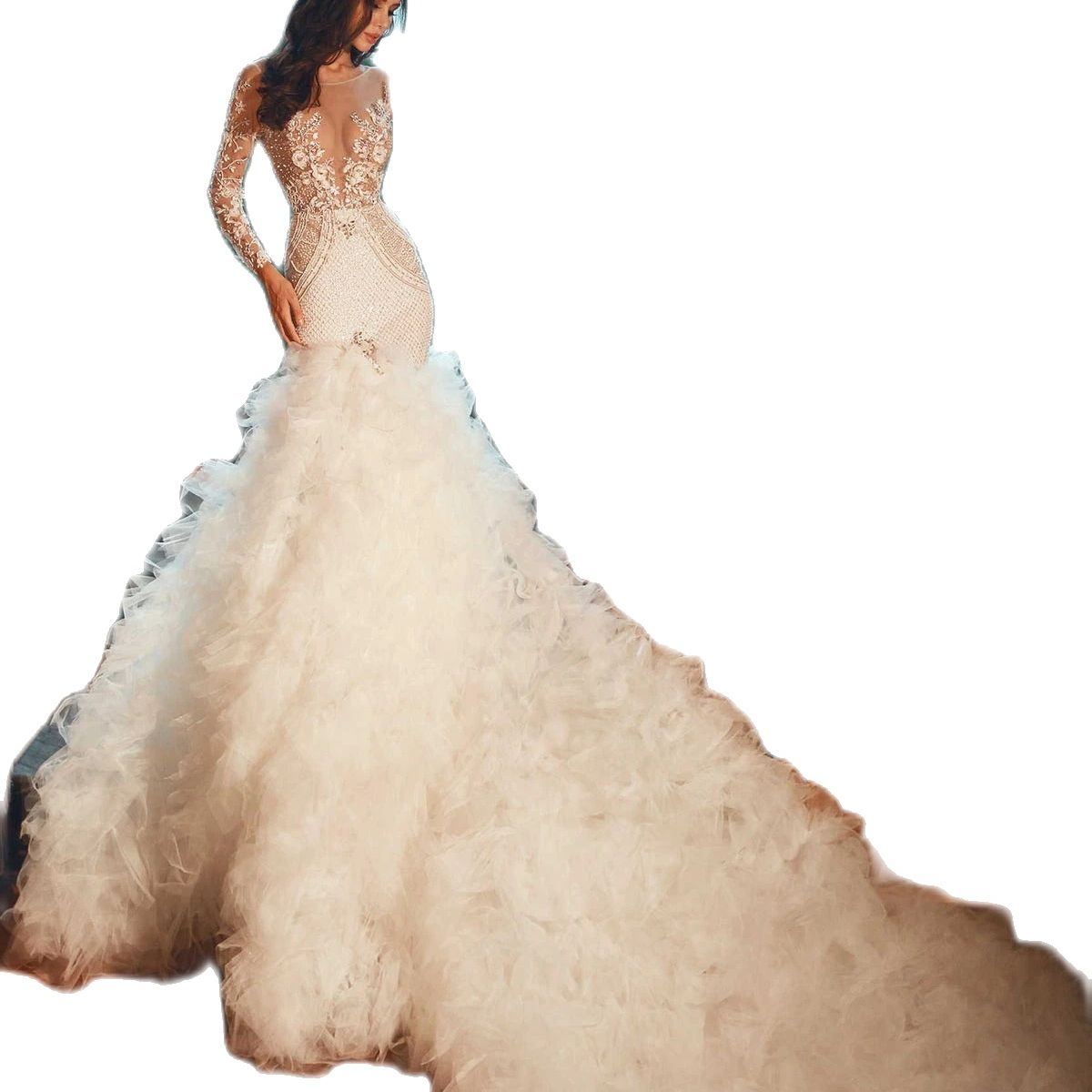 Cascading Ruffles Mermaid Wedding Dresses Sheer Jewel Neck Long Sleeve Bridal Gowns Beading Top Vestido Novia Appliques Bride Dress