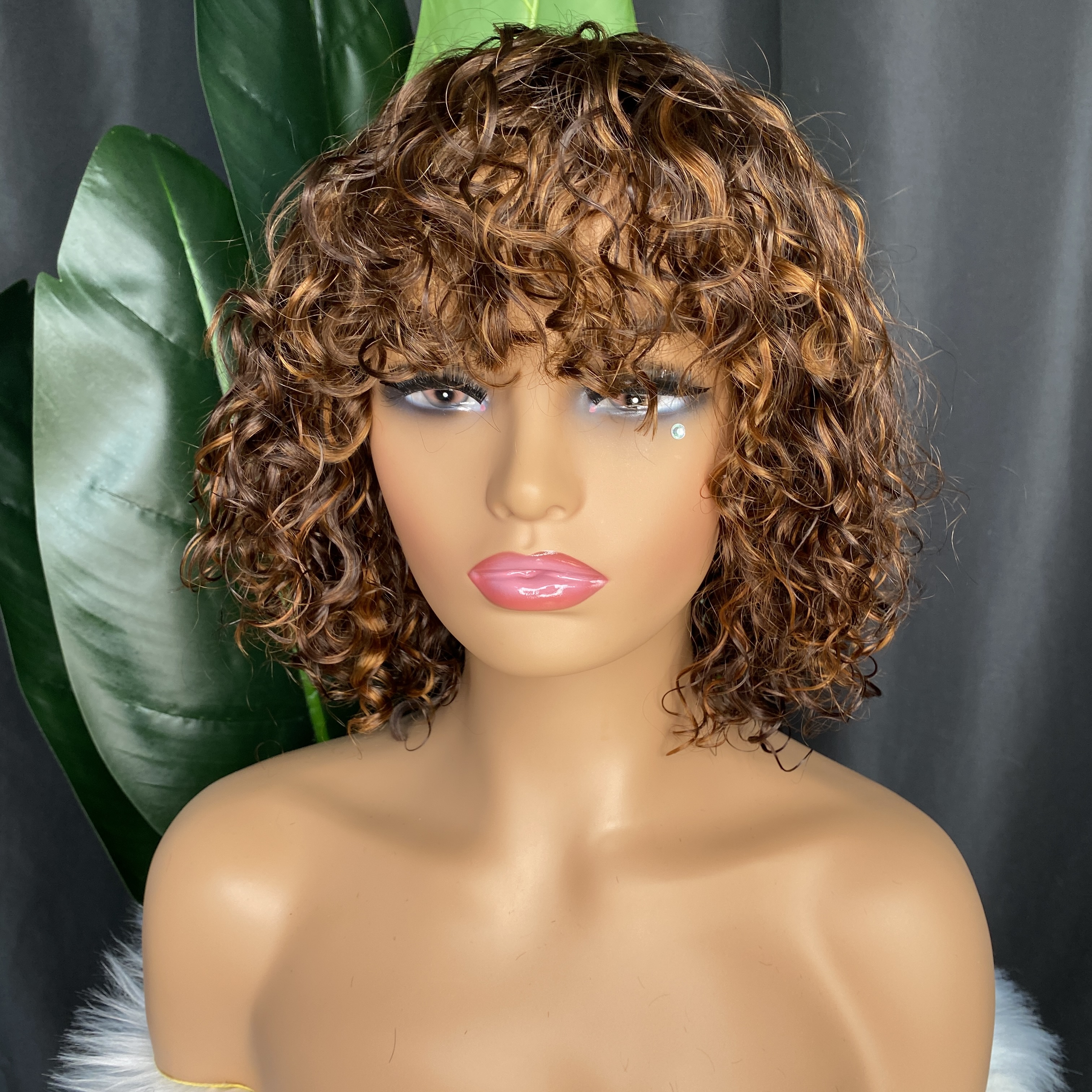 Glamorous Pixie Cut Curly Bob Regular Bang Wig P4/27 100% Remy Raw Human Hair Deep Wave Brazilian Indian For Black Women
