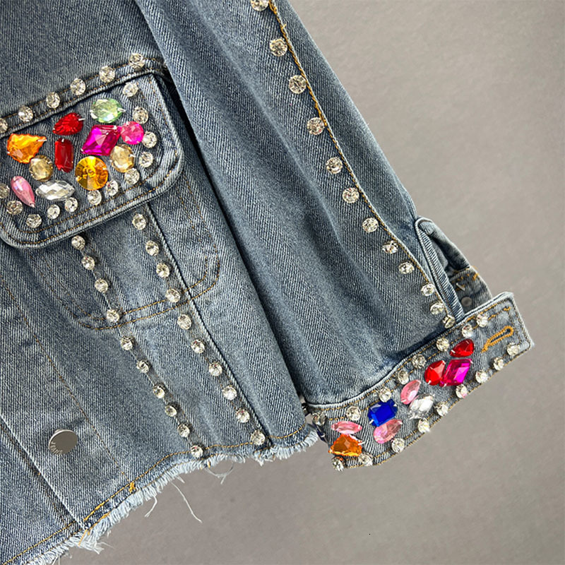 Women's Jackets Women Short Denim Jacket Coat Spring Pearl Diamonds Chain Tassel Frayed Burrs Hem Half Sleeve Female Jeans Jacket Streetwear 2304