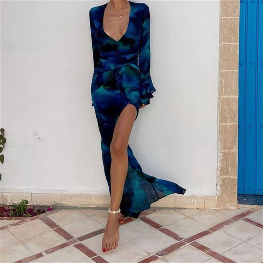 Women's Swimwear Puloru Blue Floral Coverup Long Beach Dress Sexy Ruffles Sleeve Deep V Neck Belted Dresses for Vacation Party Night 230426