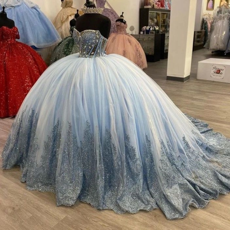 Luxury Sparkly Sky Blue Quinceanera Dresses Ball Gown Sequins Appliques Lace Beads Crystal Sweet 16 Dress Prom Party Wear