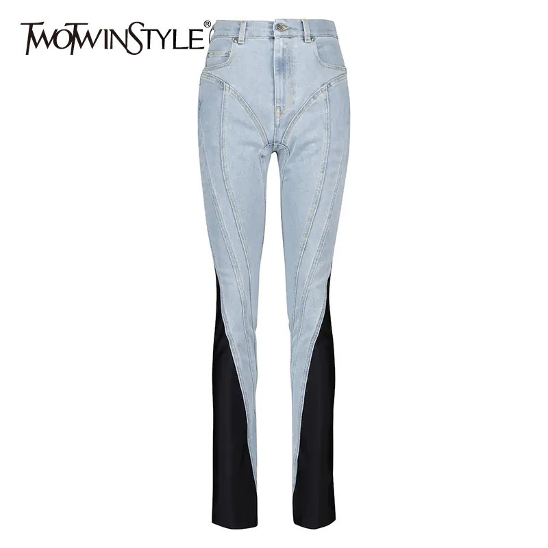 Women's Pants s TWOTYLE Colorblock Patchwork Denim Pencil Pant High Waist Casual Slim Jeans Trousers Female Fashion 2023 Autumn 231127