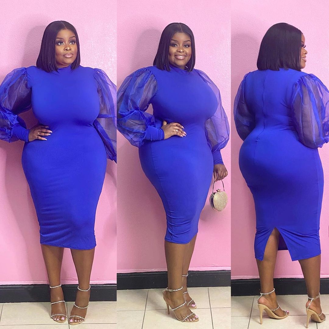 Women Solid Color Plus Size Women's Gauze See-Through Lantern Sleeve Dress 3 Colors In Stock