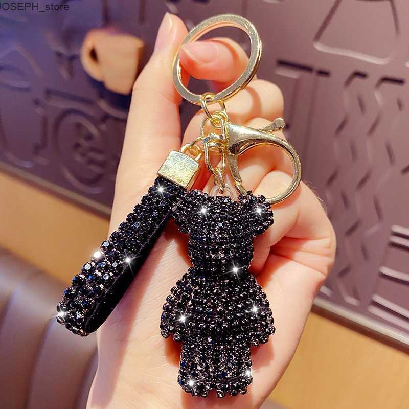 Key Rings High Quality Rhinestone Animal Keychain Leather Strap Car Key Case Pendant Fancy Rhinestone Bear Animal Keychain Bag Pendant J230427