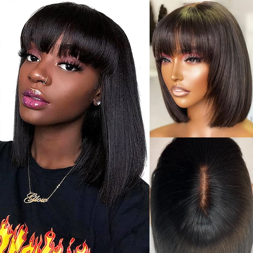 Free shipping 180density Brazilian Remy HairShort Straight Short Human Hair with Bangs Cheap Full Lace Black Bob Wigs for Woman