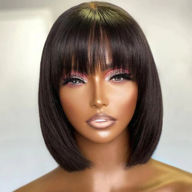 Short Bob Wig With Bangs Glueless Human Hair Wig Ready to Go Straight Hair Bob Wigs Brazilian Remy Full Wigs for Women