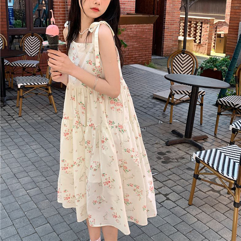 Casual Dresses Rimocy Summer Sweet Floral Midi Women Lace Up Loose Spaghetti Strap Woman Korean Female 230426