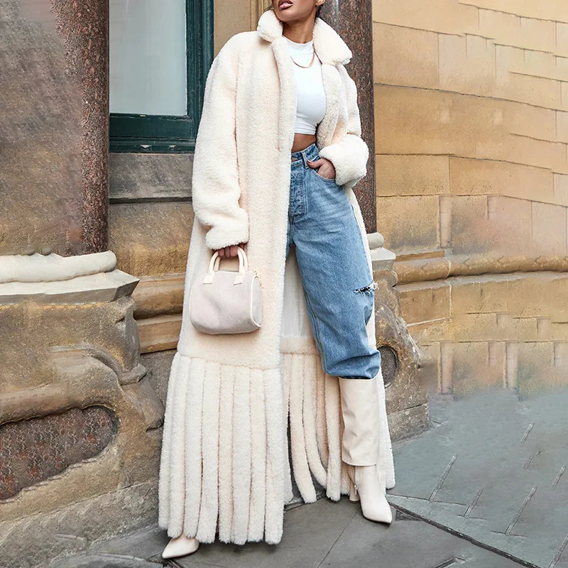 Women's Wool Blends Fashion Faux Fur Warm Coat Lapel Casual Loose Long Sleeve Hem Tassel Plush Overcoat 2023 Winter 231124