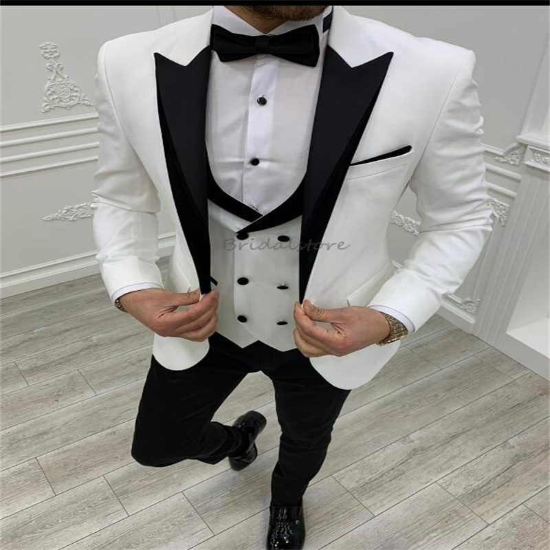 Slim White Blazer Wedding Tuxedo For Men One Button Double Breasted Vest Fit Wedding Suit Prom Dinner Bespoke 3 Pieces Male Bussiness Outfit Set Suit 