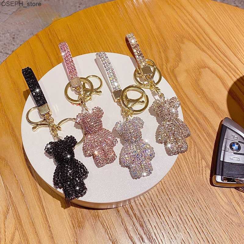 Key Rings High Quality Rhinestone Animal Keychain Leather Strap Car Key Case Pendant Fancy Rhinestone Bear Animal Keychain Bag Pendant J230427