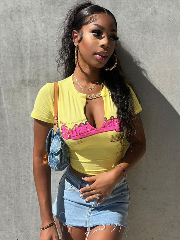 Women's T-Shirt Sifreyr Letter Print Sexy Baby Tees Women Summer Crops Tops V Neck Short Sleeve Fashion Streetwear Y2K Yellow Casual T-shirts 230