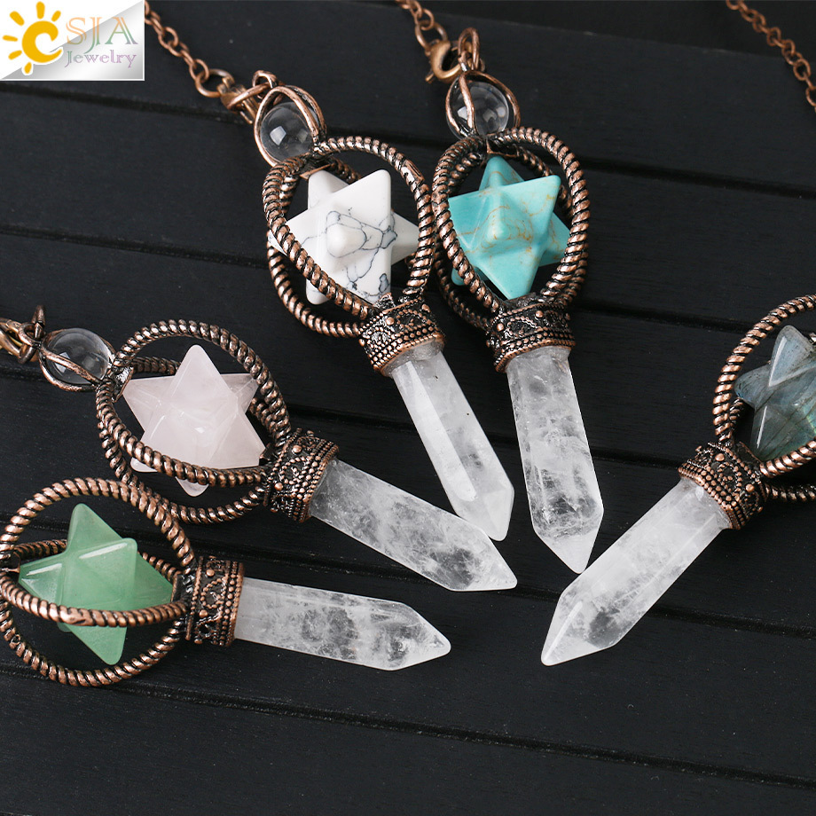 Pendant Necklaces CSJA Esotericism Crystal Pendulums for Dowsing Divination Pendulum Merkaba Natural Stone Pendant Clear Quartz Red Bronze G930 230426