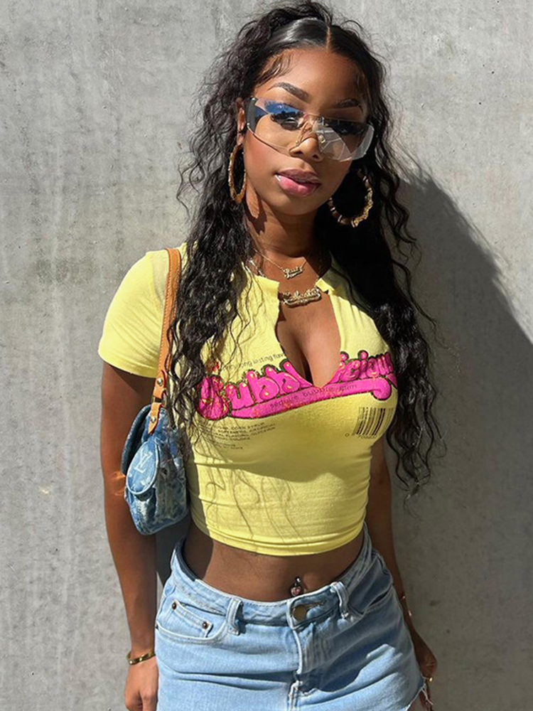 Women's T-Shirt Sifreyr Letter Print Sexy Baby Tees Women Summer Crops Tops V Neck Short Sleeve Fashion Streetwear Y2K Yellow Casual T-shirts 230