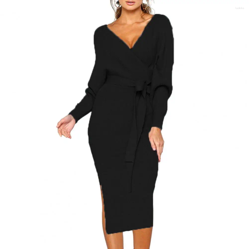 Casual Dresses Women Dress V-neck Chic Lace-up Belted Knitted Slim Fit Mid-calf Length Womens Fall/winter Fashion