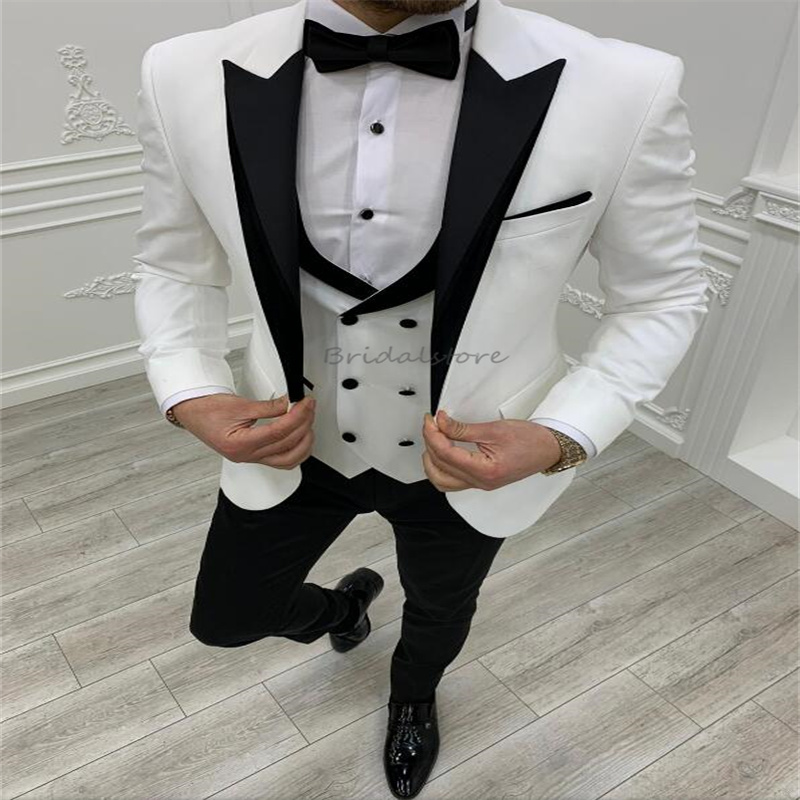 Slim White Blazer Wedding Tuxedo For Men One Button Double Breasted Vest Fit Wedding Suit Prom Dinner Bespoke 3 Pieces Male Bussiness Outfit Set Suit 