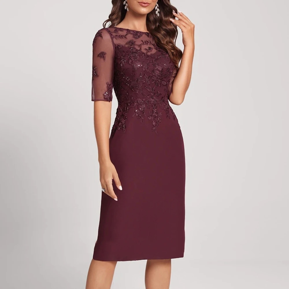 2024 New Scoop Neck Mother of the Bride Dresses Sheath Half Sleeve Lace Appliques Knee-Length Wedding Guest Party Gowns Modern