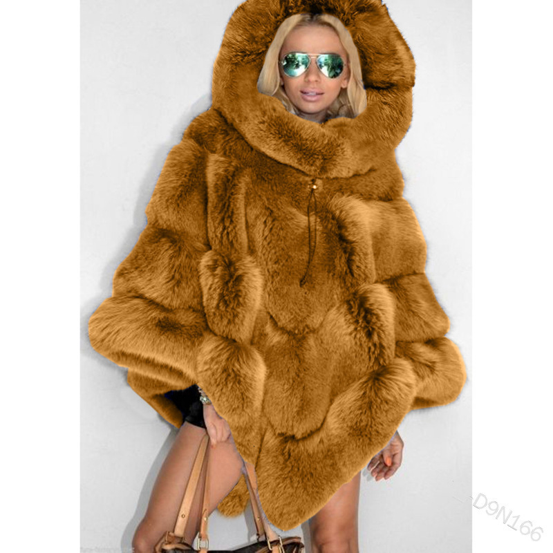 Faux Fur Coat Women Fox Fur Winter Warm Oversized Long Sleeve Cape Poncho Overcoat Pullover Jacket Outwear Plus Size 201029